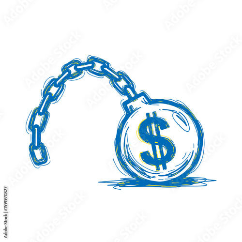 Debt concept icon with a money bag and chain hand drawn doodle sketch symbol for loan crisis finance problem vector graphic illustration
