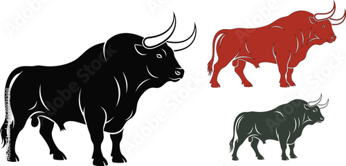 Three black bull silhouettes with horns standing on a white background in a vector illustration
