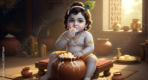 Happy krishna Janmashtami  baby Krishna, a blue-skinned Hindu deity, sitting on a wooden swing. He is eating a bowl of yogurt with a spoon in his right hand. He has curly black hair, a peacock feather