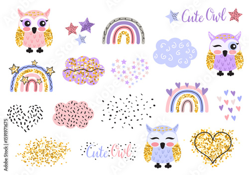 Illustration of a set of owls and rainbows and various elements on a white background.