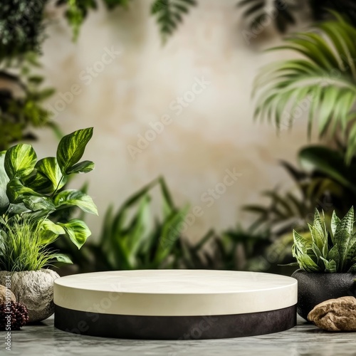 Empty product podium mockup advertising card template presentation on wall background with lush tropical leaves, studio setting display