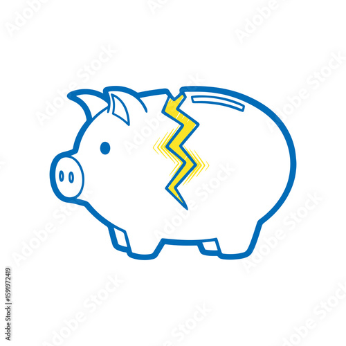Broken piggy bank icon hand drawn doodle sketch symbol for financial crisis loss savings problem yellow blue graphic design vector illustration