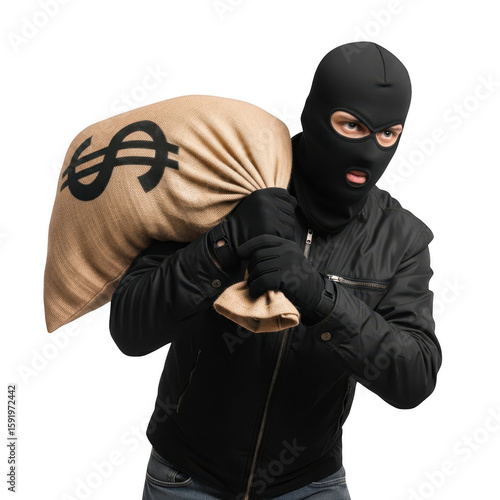 Thief carrying money bag isolated on transparent background