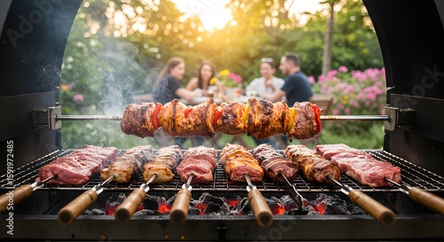 A vibrant Brazilian churrasco grill with sizzling meats spring patio setting