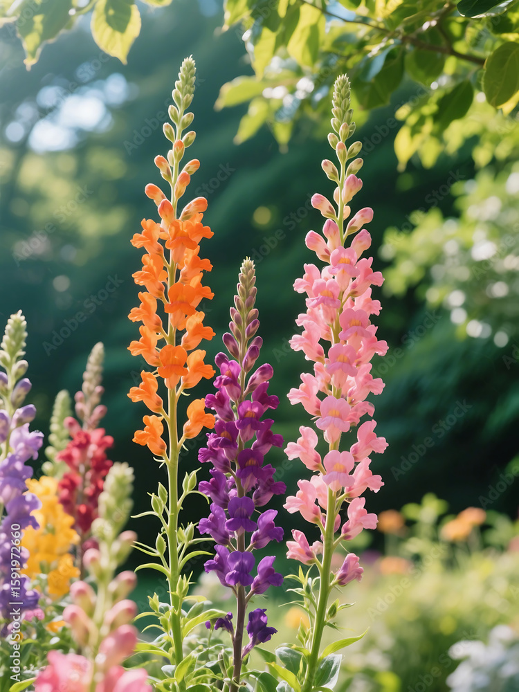 Obraz premium Tall, colorful snapdragons rise majestically, their blossoms in shades of orange, pink, and purple standing elegantly against a lush backdrop