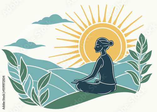Woman meditating peacefully in nature with sun and mountains background