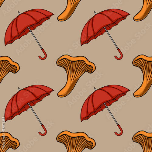 Seamless vector pattern featuring red umbrellas and chanterelle mushrooms on a beige background, creating a whimsical autumnal design.