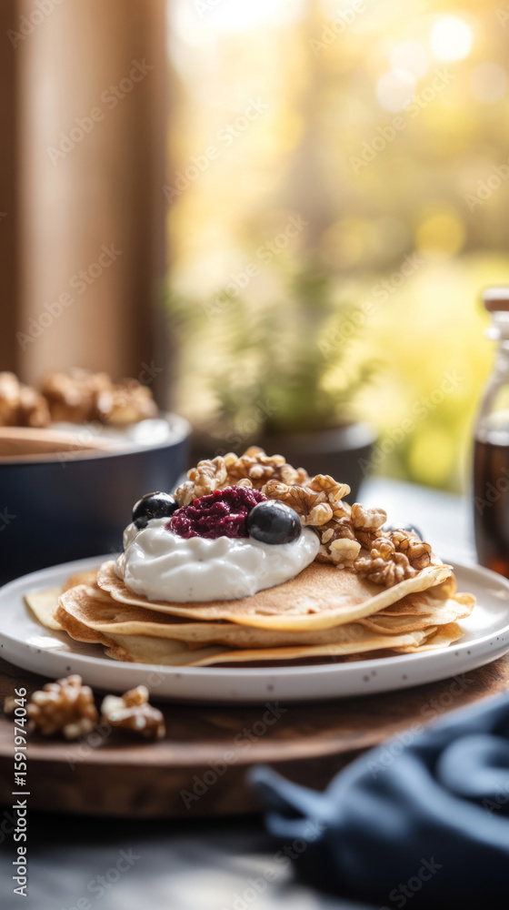 Crepes stacked on a white plate are topped with yogurt, nuts, and berries, surrounded by bowls of granola and a coffee cup on a warm morning at home Crepes stacked on a white plate are topped with yogurt, nuts, and berries, surrounded by bowls of granola and a coffee cup on a warm morning at home