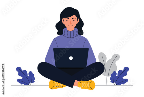 Woman sitting cross legged working on laptop vector illustration.