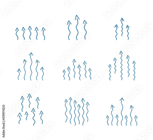 Patterned Wavy Rising Arrows on a white background. Hand-drawn vector line illustration.
