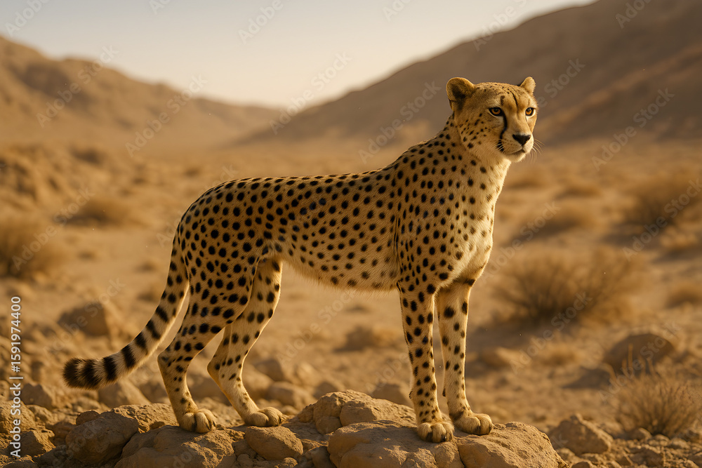 Obraz premium Cheetah standing on rocky terrain in desert landscape during daylight