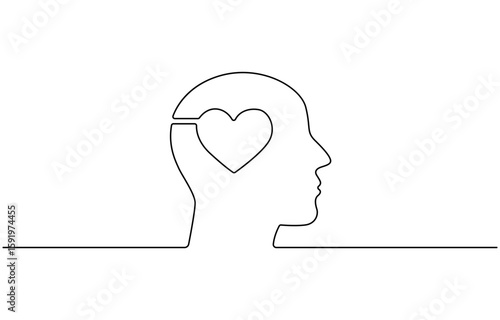 One continuous line drawing of half of a human brain and love in the shape of a heart logo icon, Psychological split affection logotype symbol template concept.