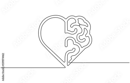 One continuous line drawing of half of a human brain and love in the shape of a heart logo icon, Psychological split affection logotype symbol template concept.