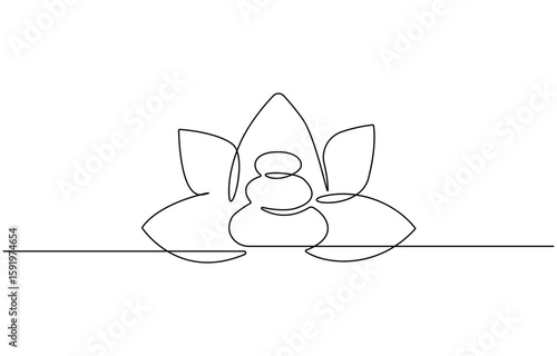One continuous line drawing of wellness and spa treatment. stones and lotus flower with butterfly, Minimalist continuous line drawing of a person applying beauty.