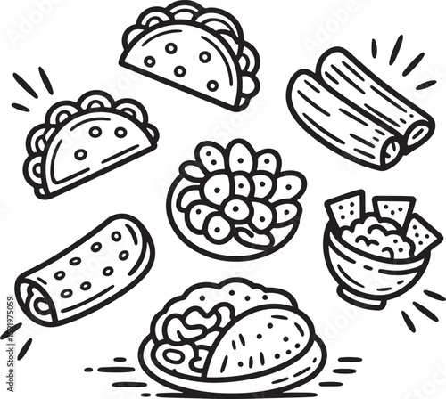  Mexican Food Dishes Black and White Vector Illustration of