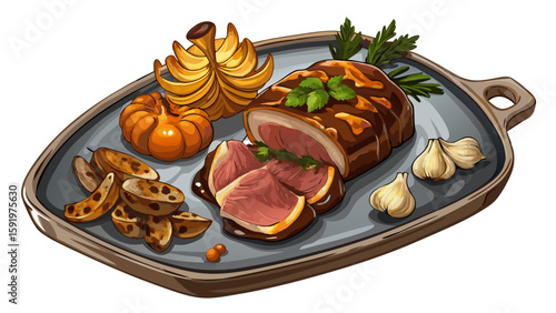 Roasted dry aged pork fillet Chateaubriand medallion steak natural with chanterelles and parsley served as top view on a rustic metal tray on black