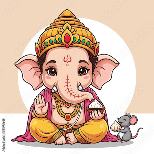 Cute Baby Lord Ganesha with Modak and Mouse Cartoon Vector Illustration