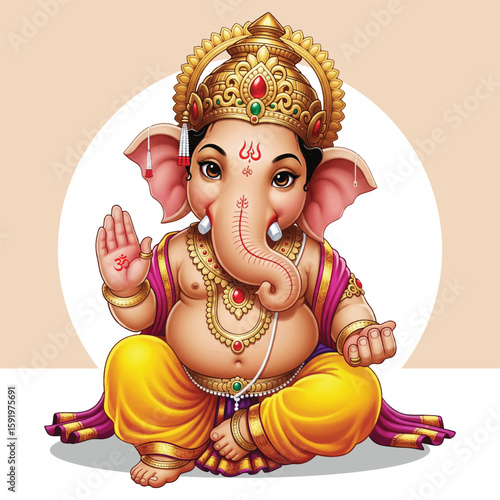 Lord Ganesha Blessing Pose Colorful Hindu God Vector Illustration