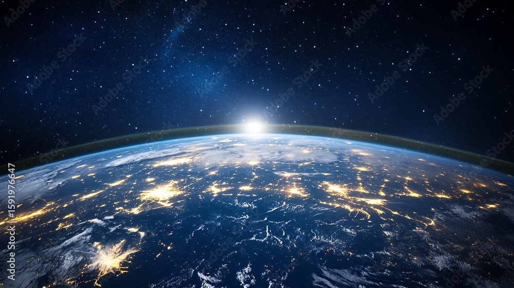 Obraz premium Earth From Space at Night with City Lights and Sunrise