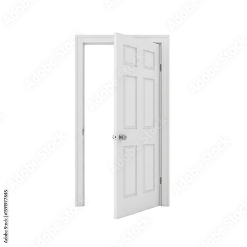 Slightly open white door with frame isolated on transparent background