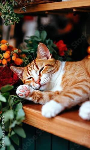 Sleepy orange cat amidst vibrant flowers in a cozy indoor setting