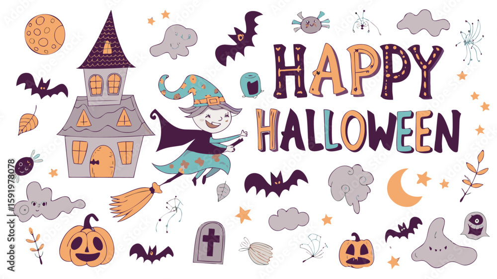 Obraz premium A whimsical halloween scene featuring a witch, haunted house, bats, pumpkins and happy halloween text