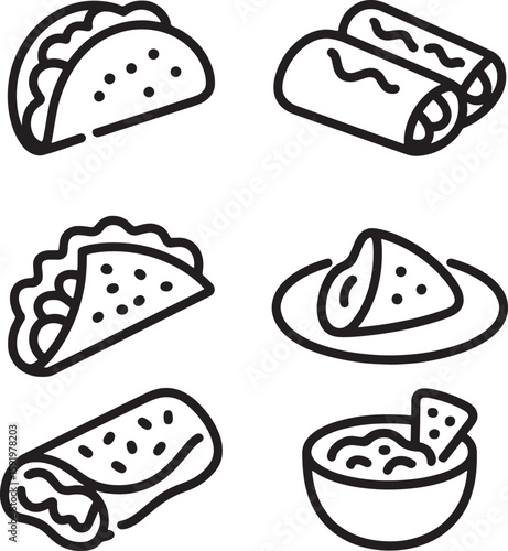  Mexican Food Icons Taco Burrito Enchilada Guacamole Black Line Art