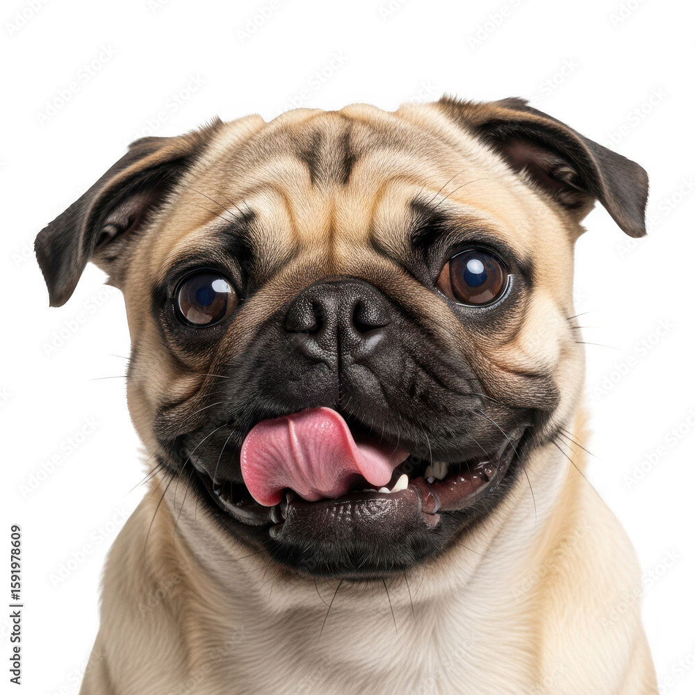Close up of a cute pug licking its lips isolated on transparent background Close up of a cute pug licking its lips isolated on transparent background