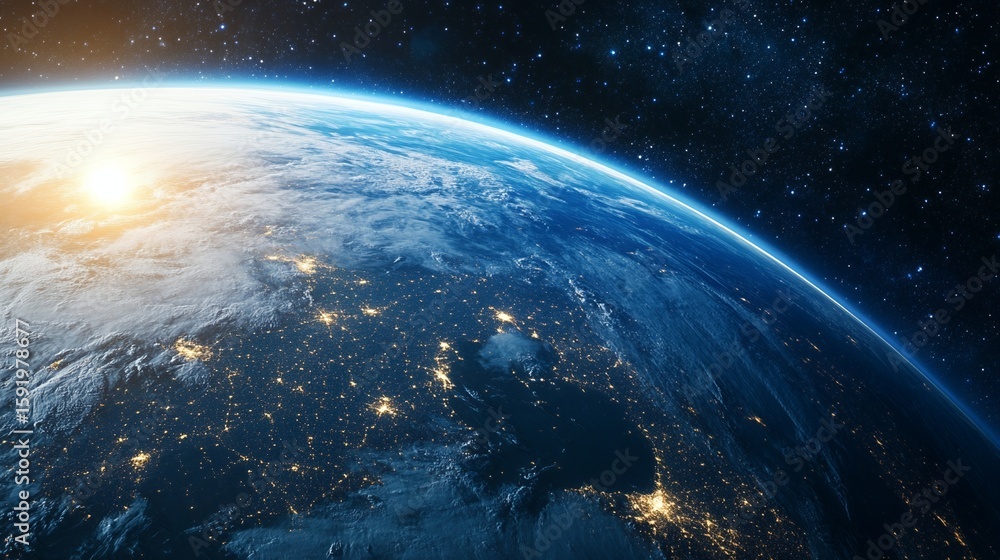 Fototapeta premium Earth View From Space with City Lights and Sunrise on Horizon