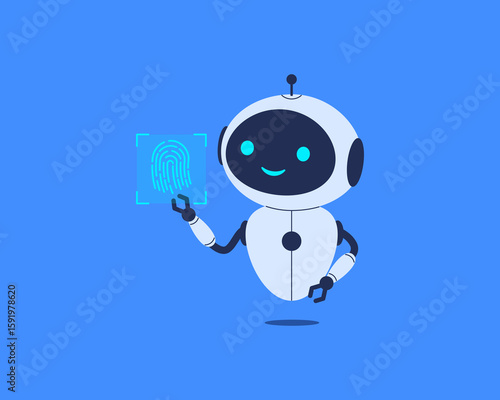 Robot presses fingerprint. Vector illustration for cybersecurity, identity verification, biometric access
