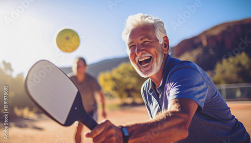 An elderly American man hits a flying pickleball.
