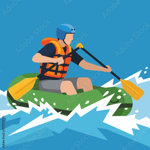 Man Rafting Green Boat on Blue Water Wearing Orange Life Vest and Blue Helmet