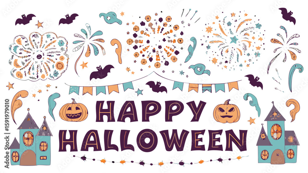 Illustration of happy halloween text with pumpkins bats and haunted houses in festive halloween colors Illustration of happy halloween text with pumpkins bats and haunted houses in festive halloween colors