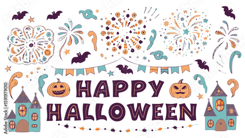 Illustration of happy halloween text with pumpkins bats and haunted houses in festive halloween colors