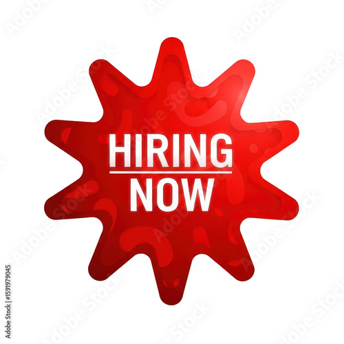 Hiring now red starburst banner isolated on transparent background