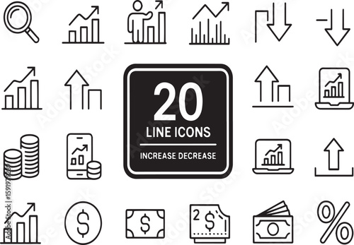 A collection of increase and decrease icons isolated on white background representing market trends, financial analysis, and economic fluctuations