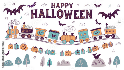 A festive halloween scene featuring a train, pumpkins, bats, and trees in a whimsical design style