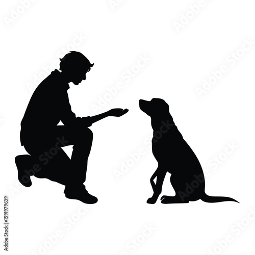 Silhouette of a person sitting and interacting with a dog isolated on white background