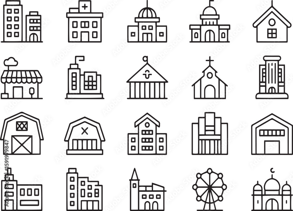 Fototapeta premium A collection of line icons representing various types of buildings and architecture, including houses, hospitals, and churches, isolated on white background
