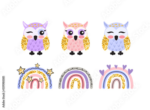 Illustration of a rainbow and an owl on a white background.