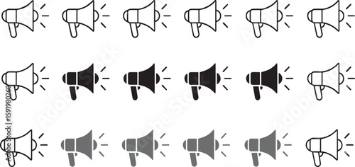 A set of black, gray, and white megaphone icons represents announcements, communication, and public speaking, ideal for marketing and promotional content