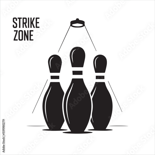 Three black bowling pins illuminated by spotlight in strike zone