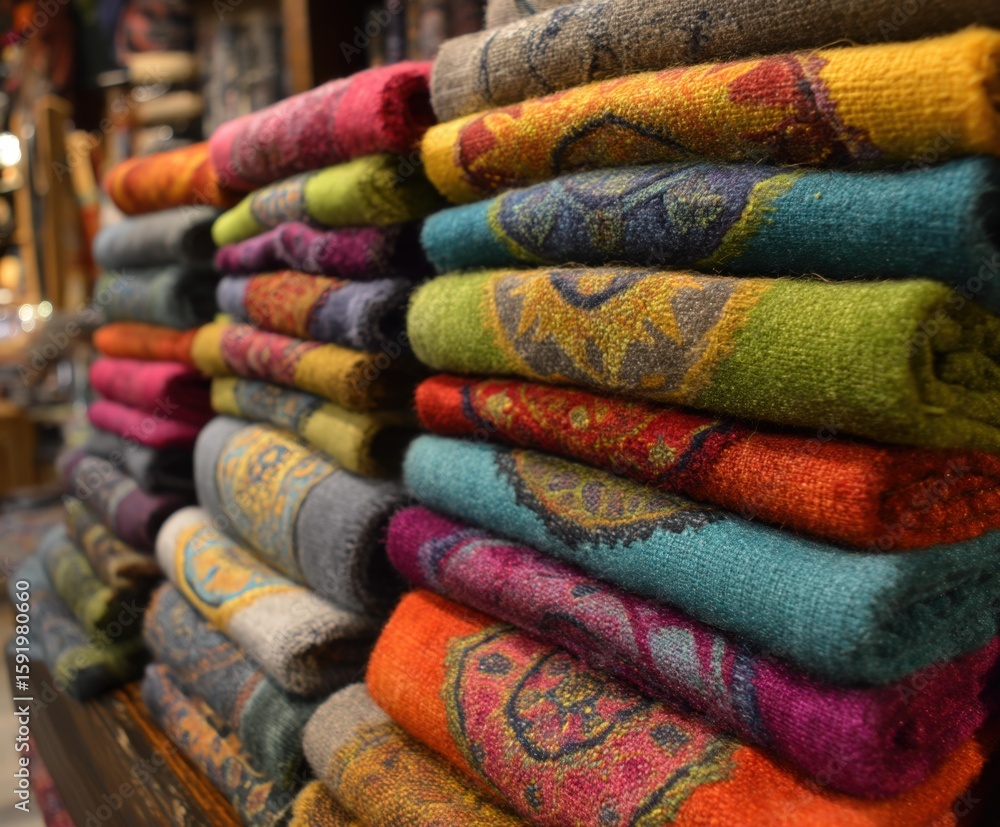 Vibrant Stack of Colorful Fabrics Displaying Intricate Designs, Textured Textiles in Warm and Cool Tones, Displayed Indoors, Close Up Vibrant Stack of Colorful Fabrics Displaying Intricate Designs, Textured Textiles in Warm and Cool Tones, Displayed Indoors, Close Up