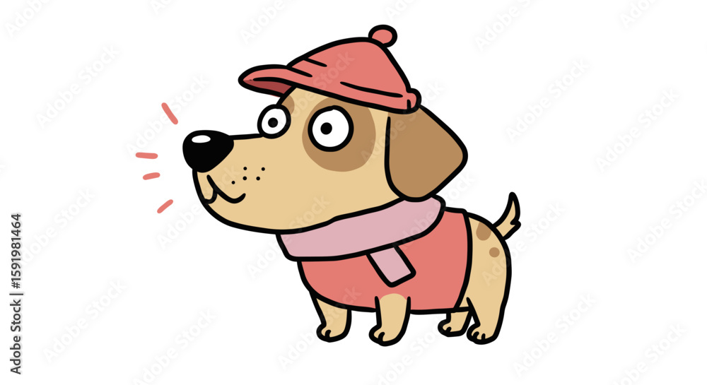 Fototapeta premium Cute cartoon dog wearing a red hat and scarf in a playful pose 