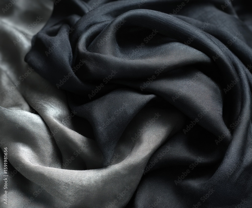 Fototapeta premium Elegant Textiles in Grayscale Abstract Composition Textured Cloth Displaying Soft Drapes, Shades of Black, Gray, and Silver Create a Dramatic Visual Appeal