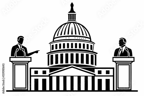 Political Budget Cut Crisis – Silhouette and Line Art Concepts of Government, Economy & Protest