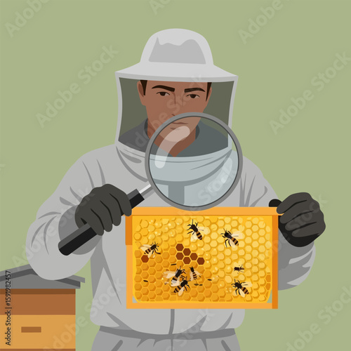 Beekeeper Inspecting Honeycomb with Magnifying Glass in Protective Gear
