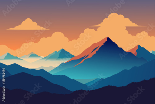 Majestic mountain peaks bathed in warm sunset light and fluffy clouds