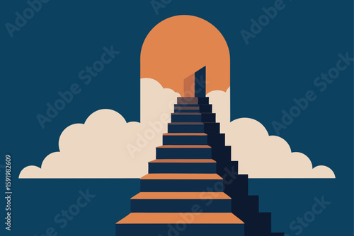 Ascending staircase leads to a bright pencil tip against a deep blue sky