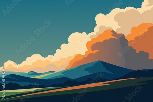 Vibrant sunset over rolling mountains and dramatic clouds